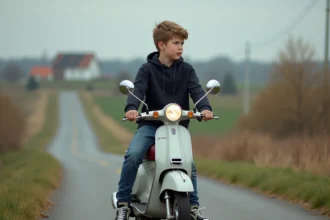 Jeune garçon à scooter dans la campagne paisible