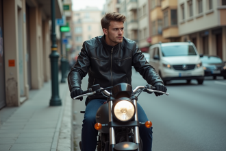 Jeune homme en moto scooter en ville avec détails urbains