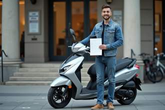 Jeune homme avec scooter devant un bureau d'immatriculation