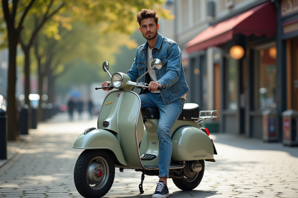Jeune homme en denim sur scooter 50cc Dax en ville