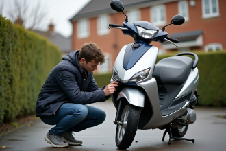 Jeune homme posant un sticker sur un scooter 50cc