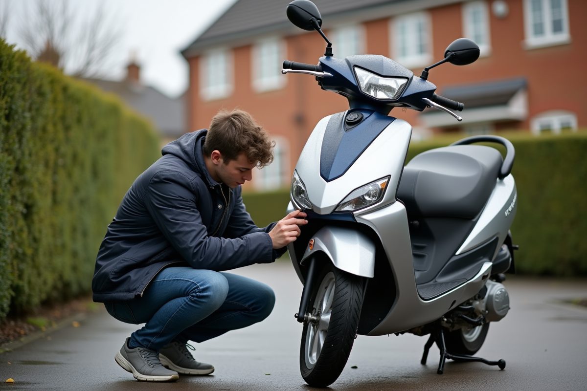 Jeune homme posant un sticker sur un scooter 50cc