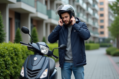 Jeune homme ajustant son casque à côté d'un scooter 125cc