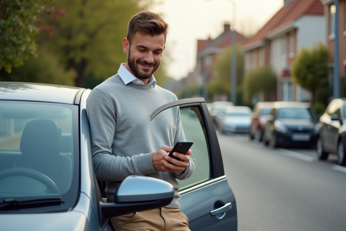 Jeune homme vérifiant assurance voiture dans une rue résidentielle