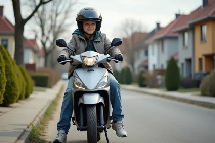 Jeune garçon de 14 ans sur une moto 50cc en ville
