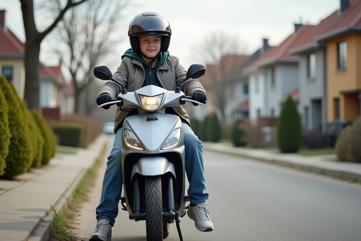 Jeune garçon de 14 ans sur une moto 50cc en ville
