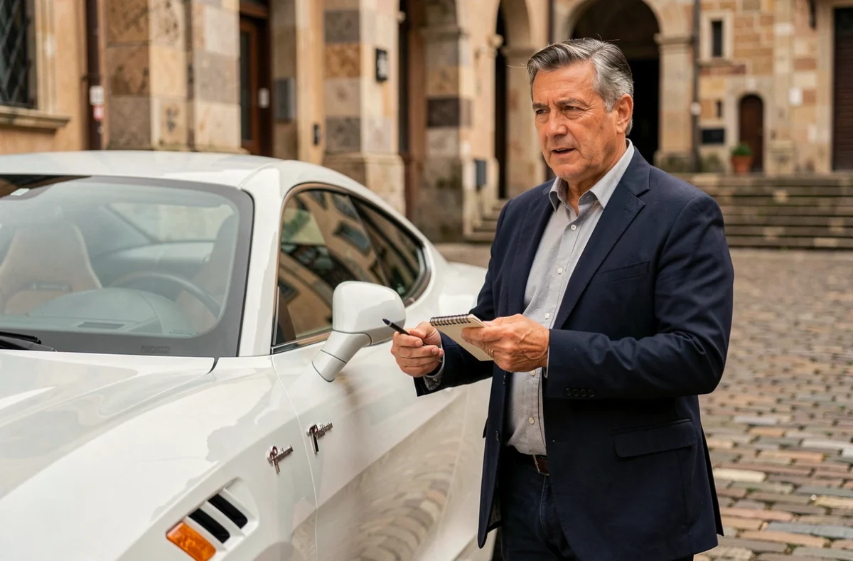 Journaliste automobile expliquant la différence entre marque P et Pininfarina devant une voiture italienne
