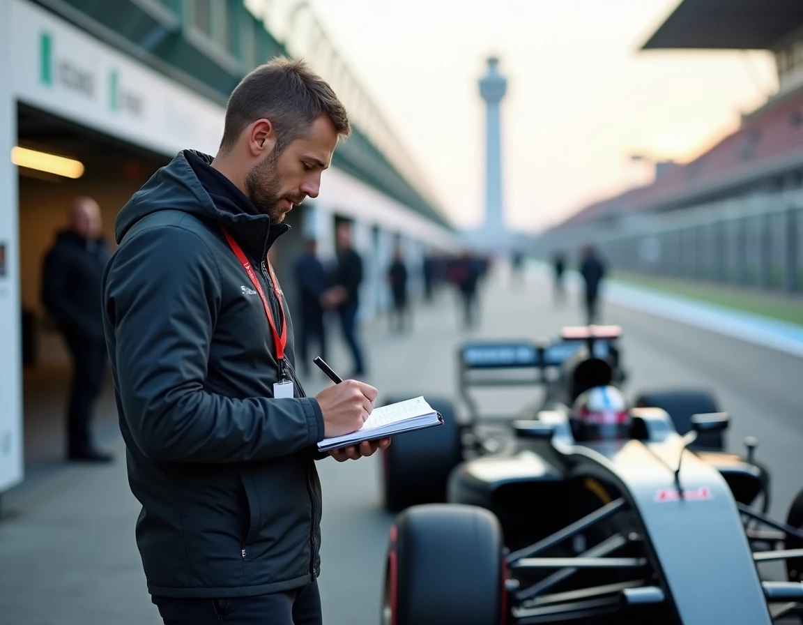 Journaliste de sport automobile prenant des notes dans le paddock d'un circuit de Formule 1 en 2026