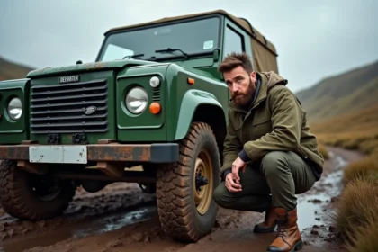 Passionné landiste inspectant son Land Rover Defender sur une piste boueuse en Écosse