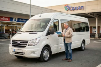 Homme comparant les tarifs de location d'un minibus 9 places devant un supermarché en France