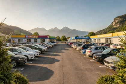 Parking d'agences de location de voitures dans les Pyrénées-Atlantiques avec les montagnes en arrière-plan