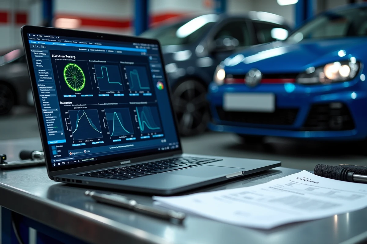 Logiciel de reprogrammation moteur ECU affiché sur laptop dans un centre de tuning Shiftech pour véhicule neuf