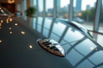 Gros plan hyper-réaliste sur le logo chromé d'une marque de voiture de luxe sur le capot, dans une salle d'exposition haut de gamme
