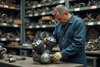 Mécanicien inspectant un moteur de moto démonté dans un atelier de casse moto en France