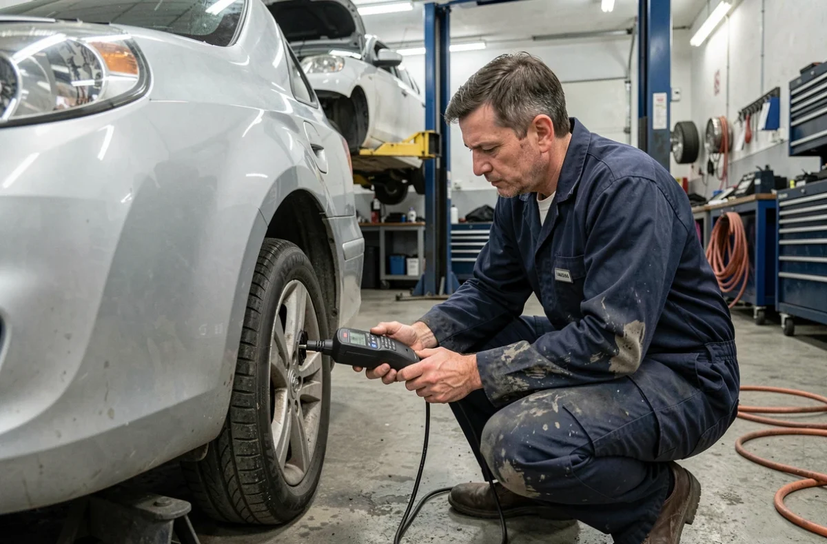 Mécanicien diagnostiquant un défaut ESP ASR avec un scanner OBD dans un garage automobile