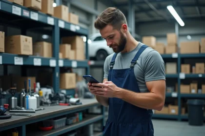 Mécanicien homme en atelier automobile utilisant son smartphone
