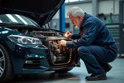 Mécanicien inspectant la chaîne de distribution d'un moteur BMW dans un atelier automobile professionnel