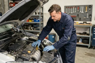 Mécanicien inspectant le compartiment moteur d'une Renault Mégane 3 dans un garage indépendant avant le contrôle technique