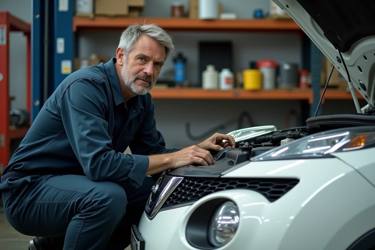 Mécanicien inspectant le moteur d'un Nissan Juke première génération dans un garage indépendant