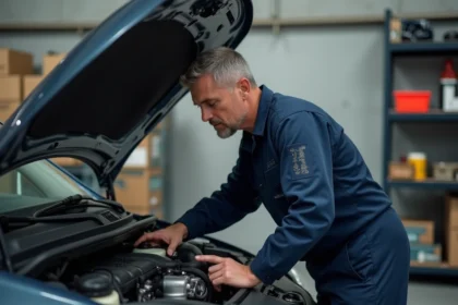 Mécanicien inspectant un moteur TCe sous le capot d'une voiture dans un garage professionnel