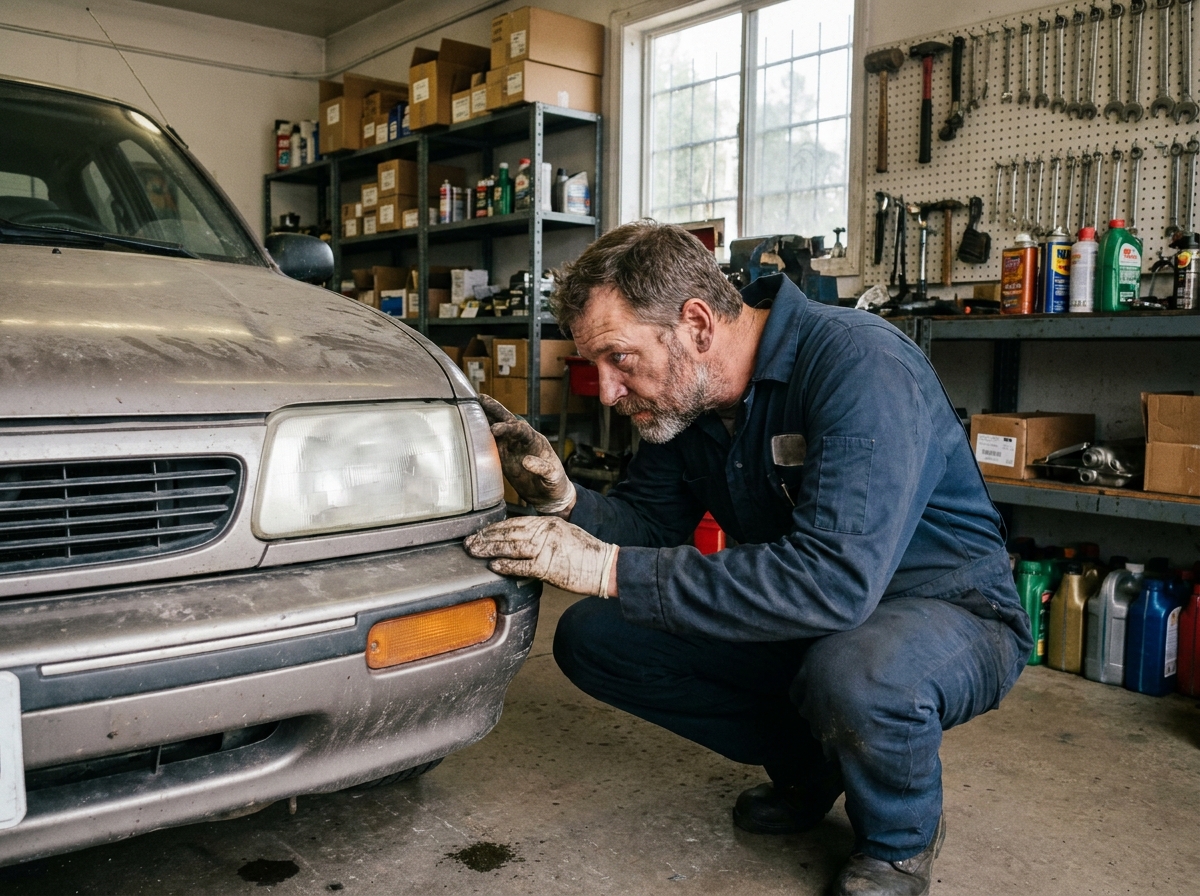 Mécanicien inspectant le phare avant encrassé d'une compacte dans un garage indépendant