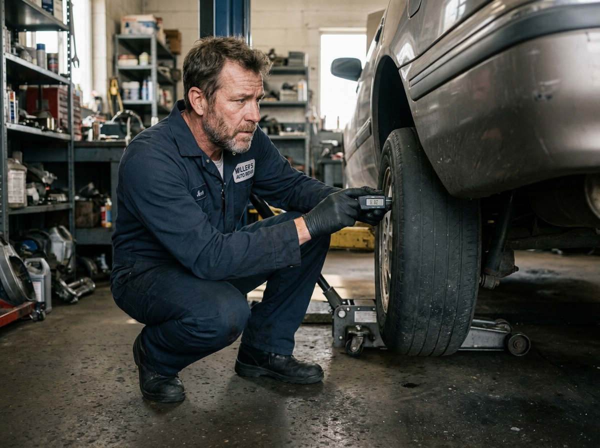 Mécanicien automobile inspectant un pneu lisse avec une jauge de profondeur en atelier