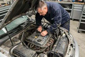 Mécanicien inspectant le moteur BMW M47 dans un atelier automobile, erreurs d'entretien courantes