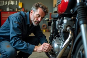 Mécanicien inspectant le carburateur d'un moteur de moto dans un atelier pour diagnostiquer une mauvaise carburation
