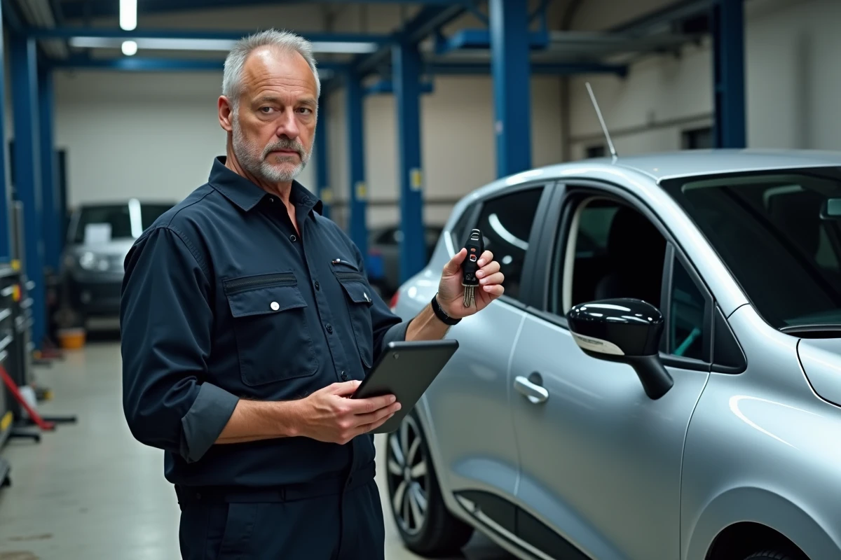 Mécanicien professionnel tenant une clé Clio 4 et une tablette de diagnostic dans un atelier automobile pour vérifier la reprogrammation