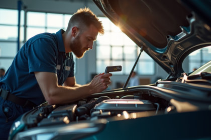 Mécanicien examinant un moteur dans un garage moderne