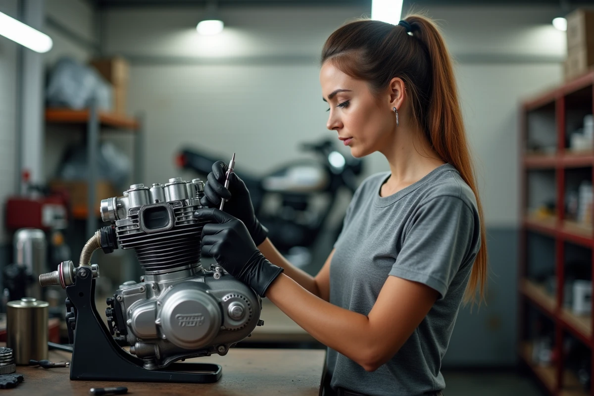 Mécanicienne réglant le mélange air-carburant d'un moteur de moto monté sur stand pour éviter la surchauffe moteur