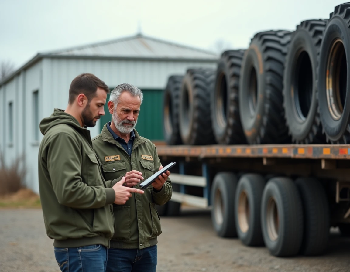 Deux mécaniciens organisant le planning de montage de maxityre devant un camion de livraison