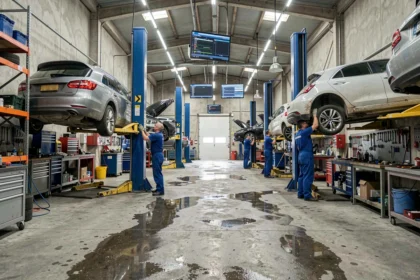 Vue panoramique d'un atelier de garage automobile en Loire-Atlantique avec des mécaniciens au travail sur plusieurs véhicules