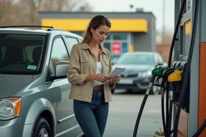 Mère de famille faisant le plein d'un monospace dans une station-service, regardant la note avec inquiétude face au coût du carburant