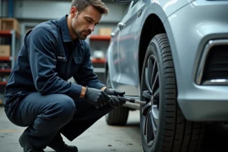 Mécanicien mesurant la profondeur de la gomme d'un pneu avant usé avec une jauge de profondeur dans un atelier automobile
