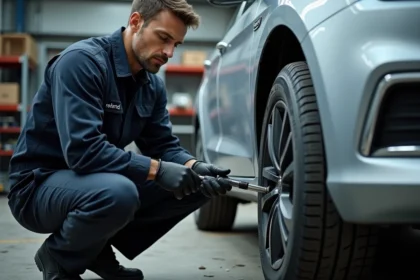Mécanicien mesurant la profondeur de la gomme d'un pneu avant usé avec une jauge de profondeur dans un atelier automobile