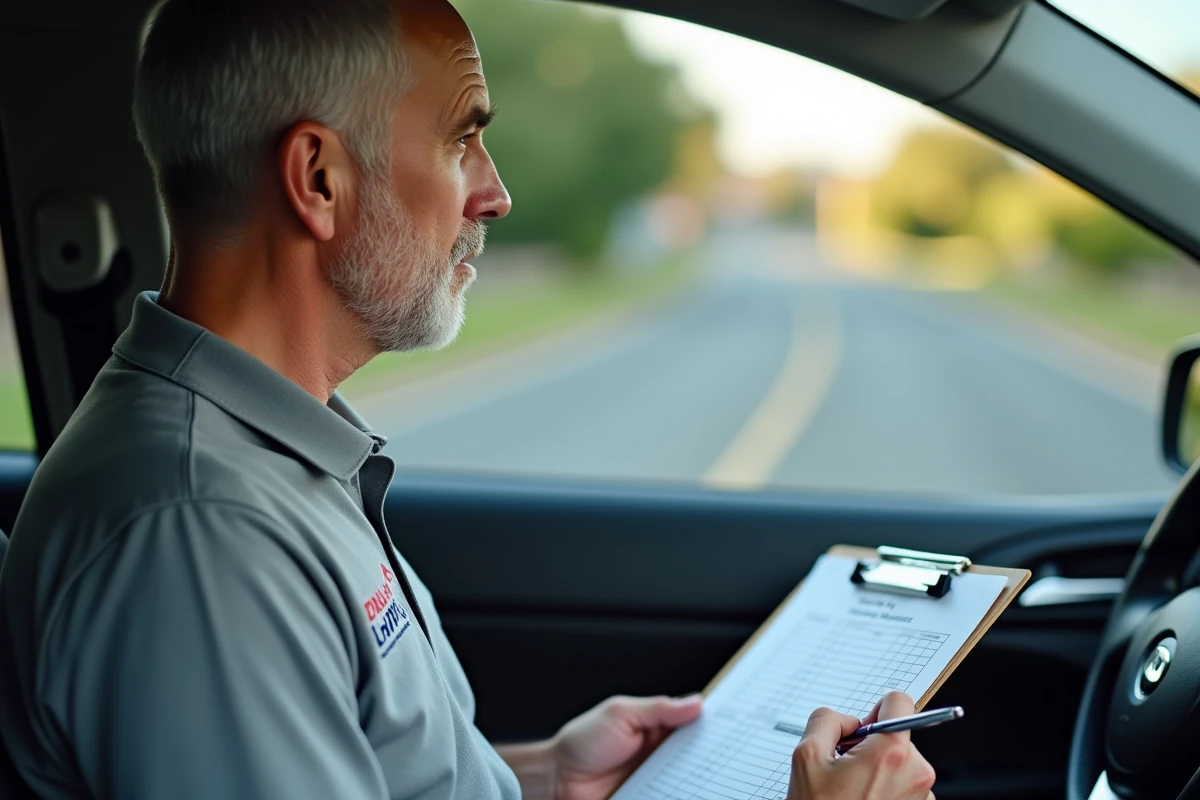 Moniteur d'auto-école notant sur une grille d'évaluation du permis de conduire dans un véhicule
