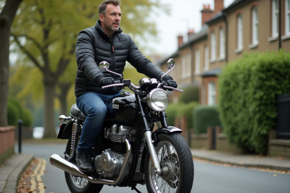 Motard homme sur moto classique dans rue résidentielle