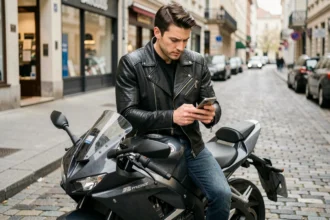 Motard consultant un comparateur d'assurance moto sur son smartphone en milieu urbain