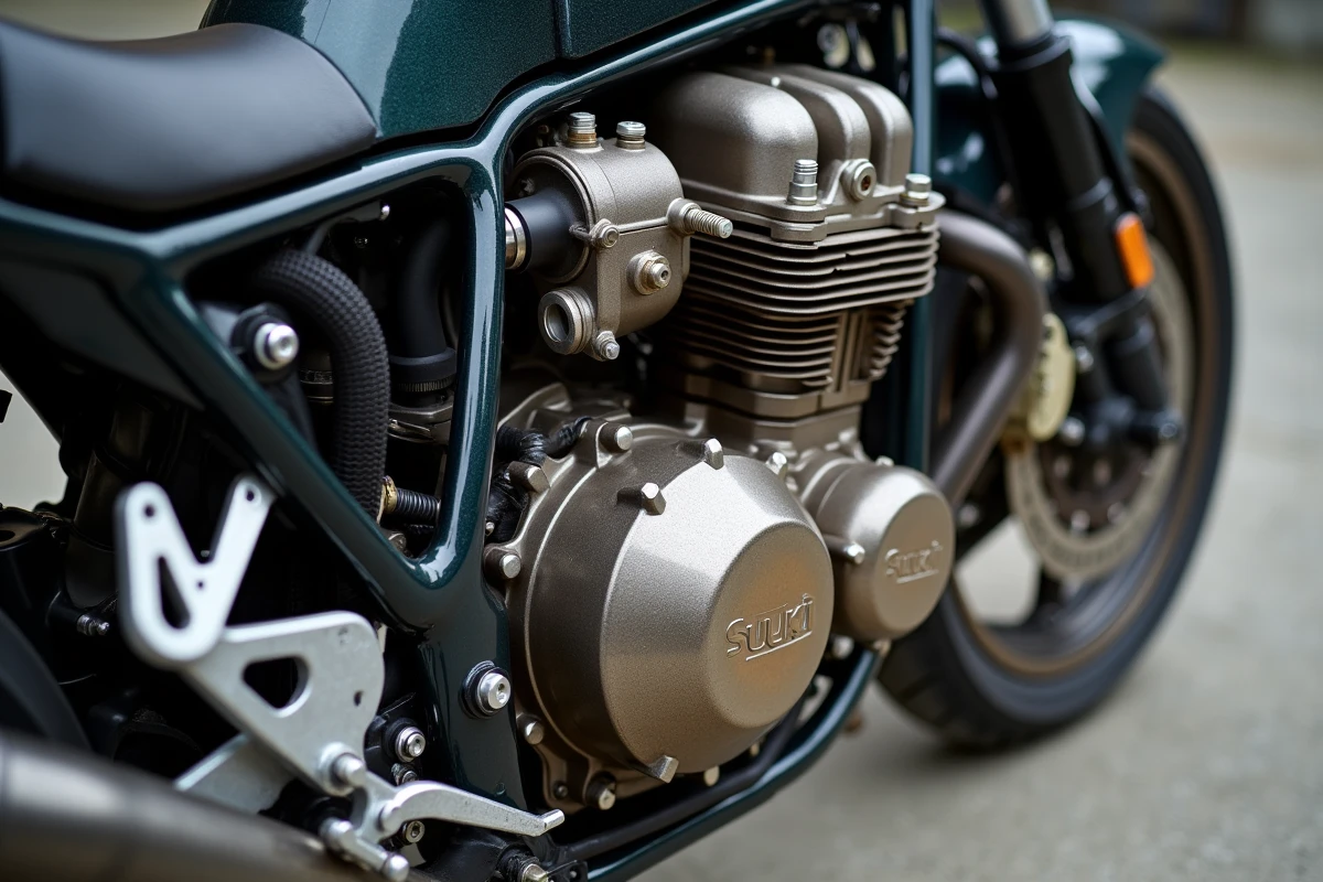 Gros plan sur le moteur quatre cylindres de la Suzuki GSXR 1100 de 1992, détail mécanique pour évaluation et cote de marché