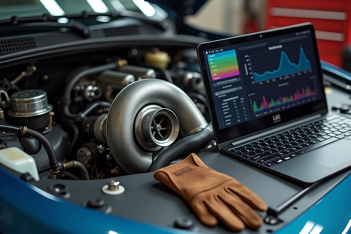 Moteur turbo Peugeot avec logiciel de reprogrammation affiché sur laptop lors d'un réglage post-changement