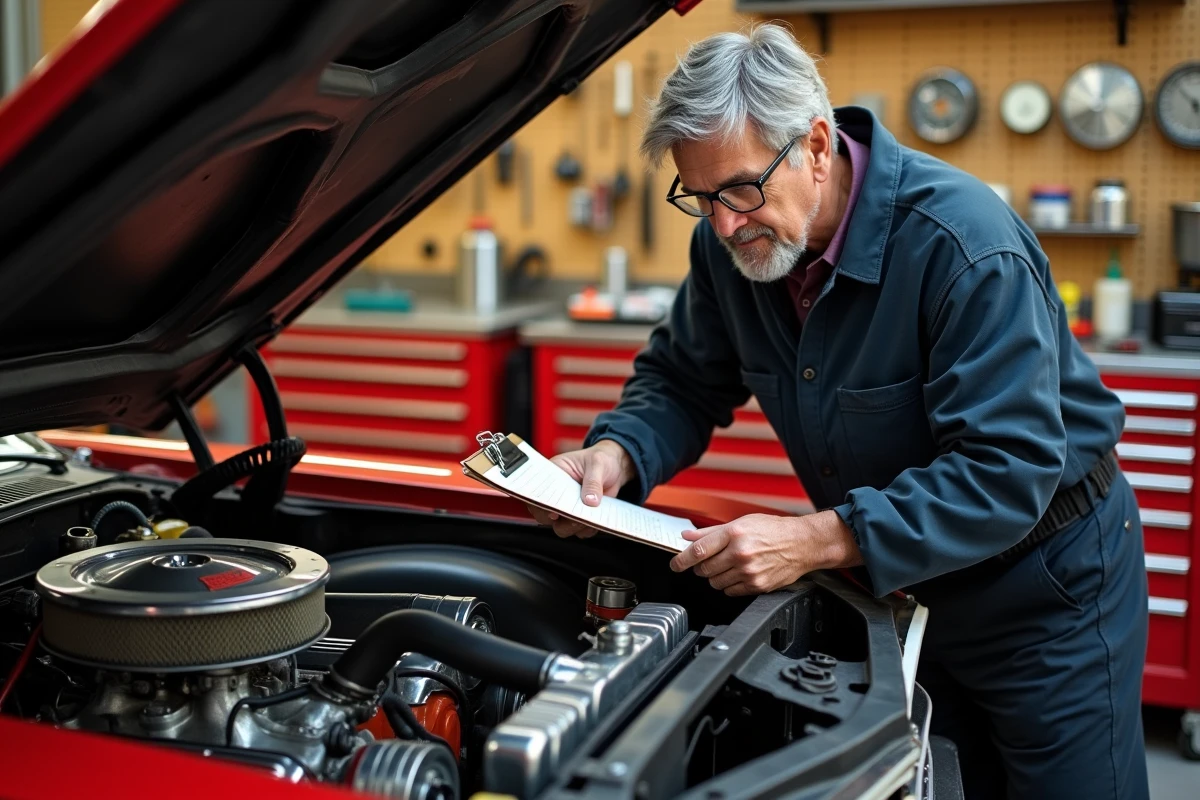 Technicien analysant le moteur V8 d'une muscle car américaine 1969 pour conformité technique en France