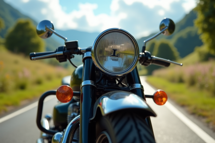 Moto classique avec badge L sur route de campagne ensoleillee