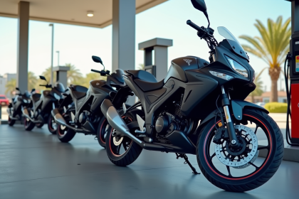 Plusieurs motos 125cc modernes garées devant une station essence ensoleillée