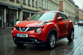 Nissan Juke première génération rouge garé dans une rue urbaine, montrant des signes d'usure sur la carrosserie