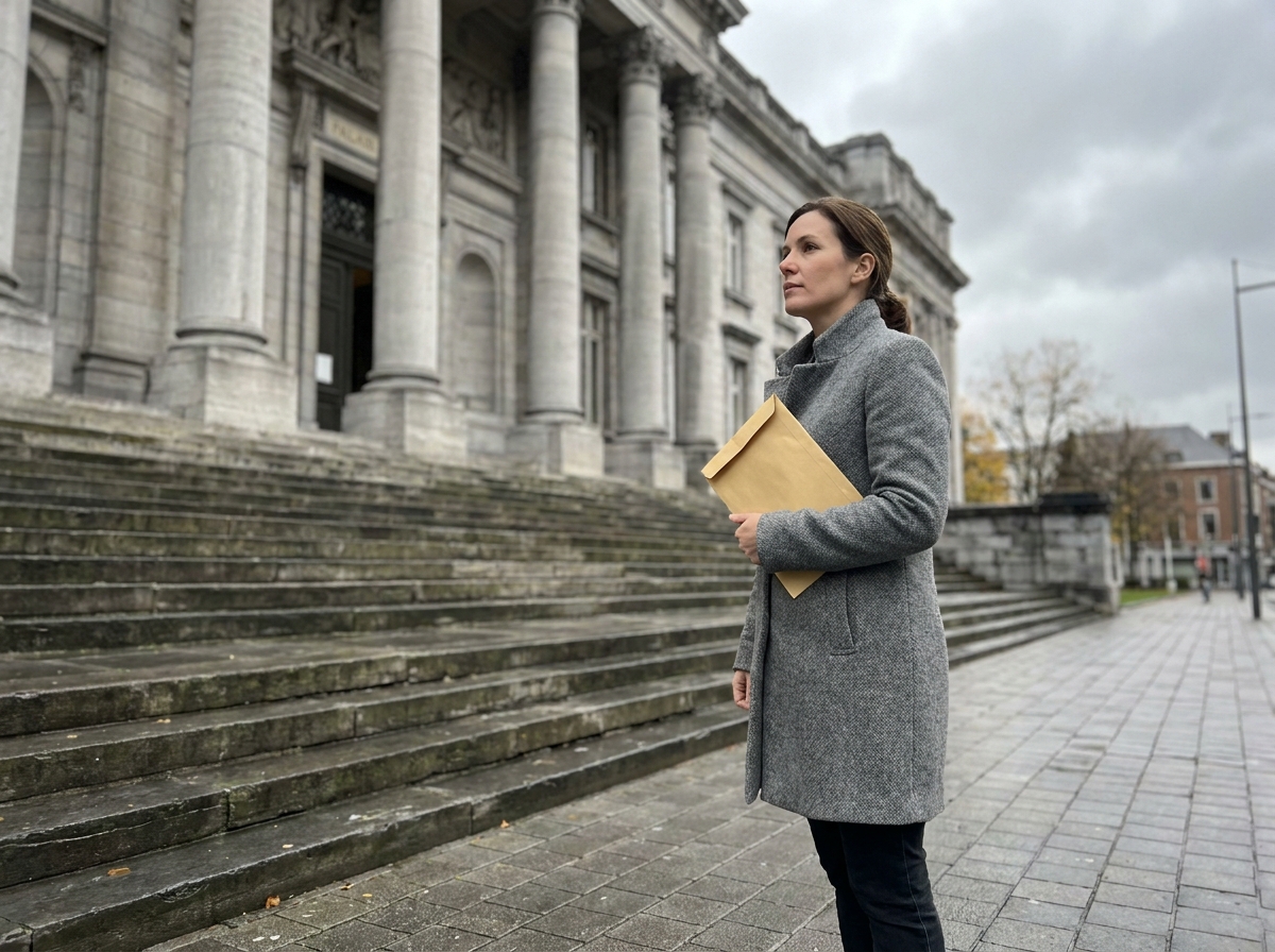 Femme tenant un dossier devant le palais de justice de Liège après une infraction routière