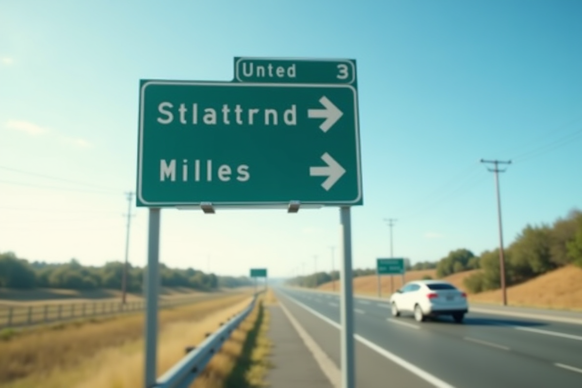 Panneau de signalisation routière avec distances en miles et km