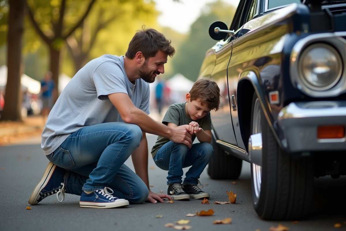 Fils et père inspectant le moteur d