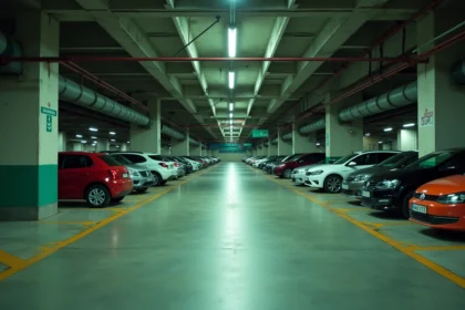 Parking couvert centre-ville de Colmar avec rangées de voitures et signalisation en béton moderne