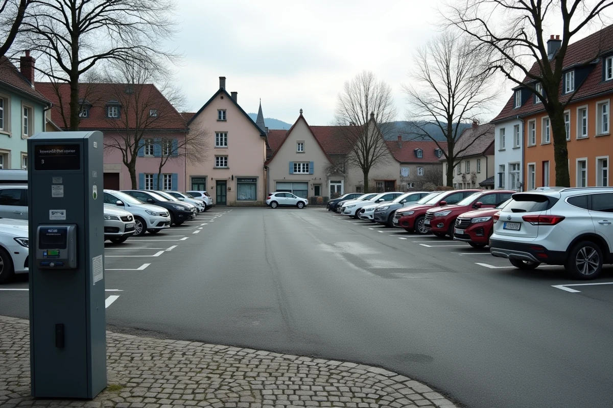 Parking plein air en centre-ville avec façades alsaciennes et horodateur visible à Colmar